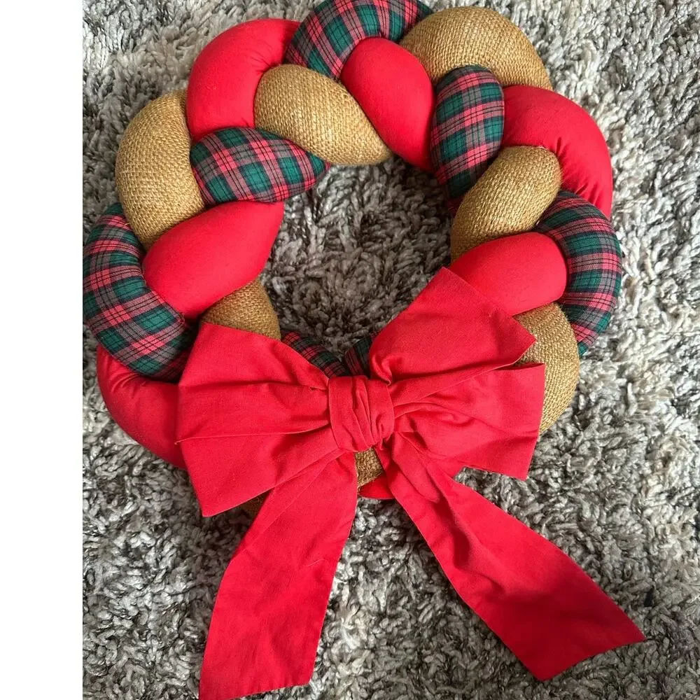 Braided Burlap Fabric Plaid Christmas Wreath Stuffed Handmade Rustic Farmhouse